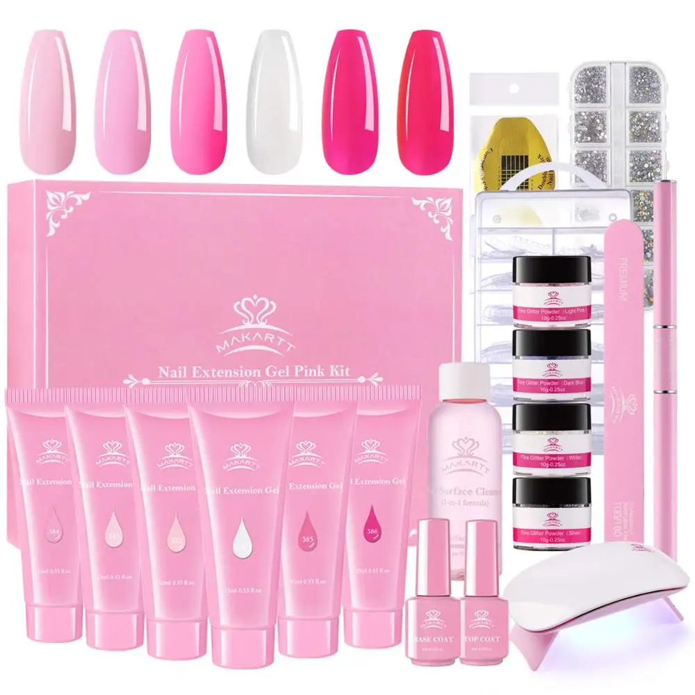 Kit gel di estensione poli rosa Vernice gel acrilico Makartt con soluzione antiscivolo e base per lampada UV per unghie a LED Top Coat Manicure Nail Art