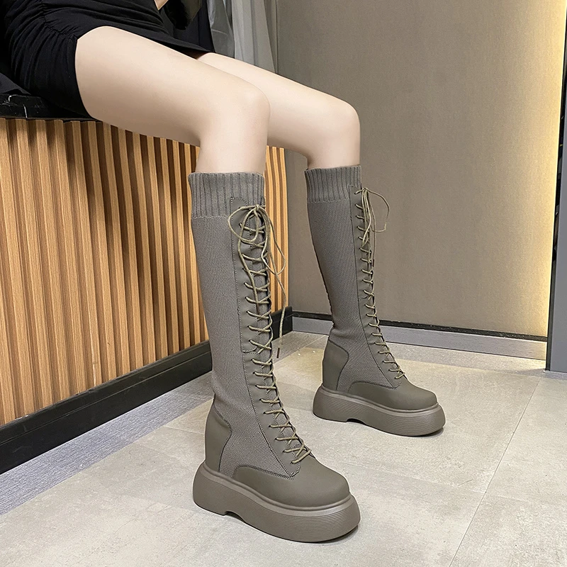 Women Autumn Platform Knee High Boots Ladies Original Leather Long Boots Female Lace-up Mid Heels Chunky Pumps Casual Sock Shoes