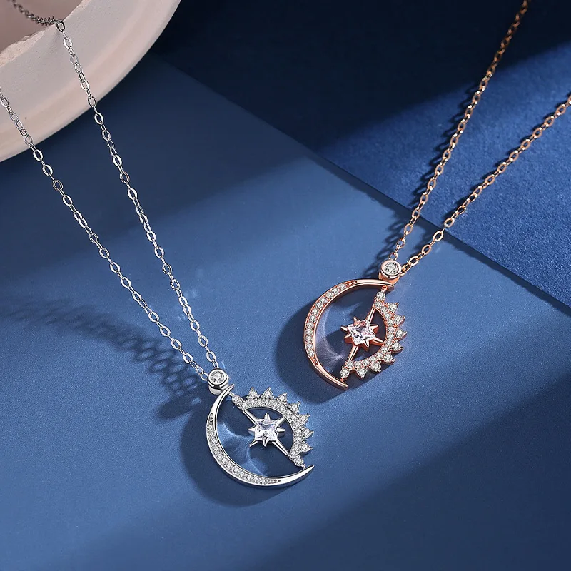 925 Sterling Silver Sun Moon Star Necklace Female Creative Geometric Pendant Korean Clavicle Chain For Women