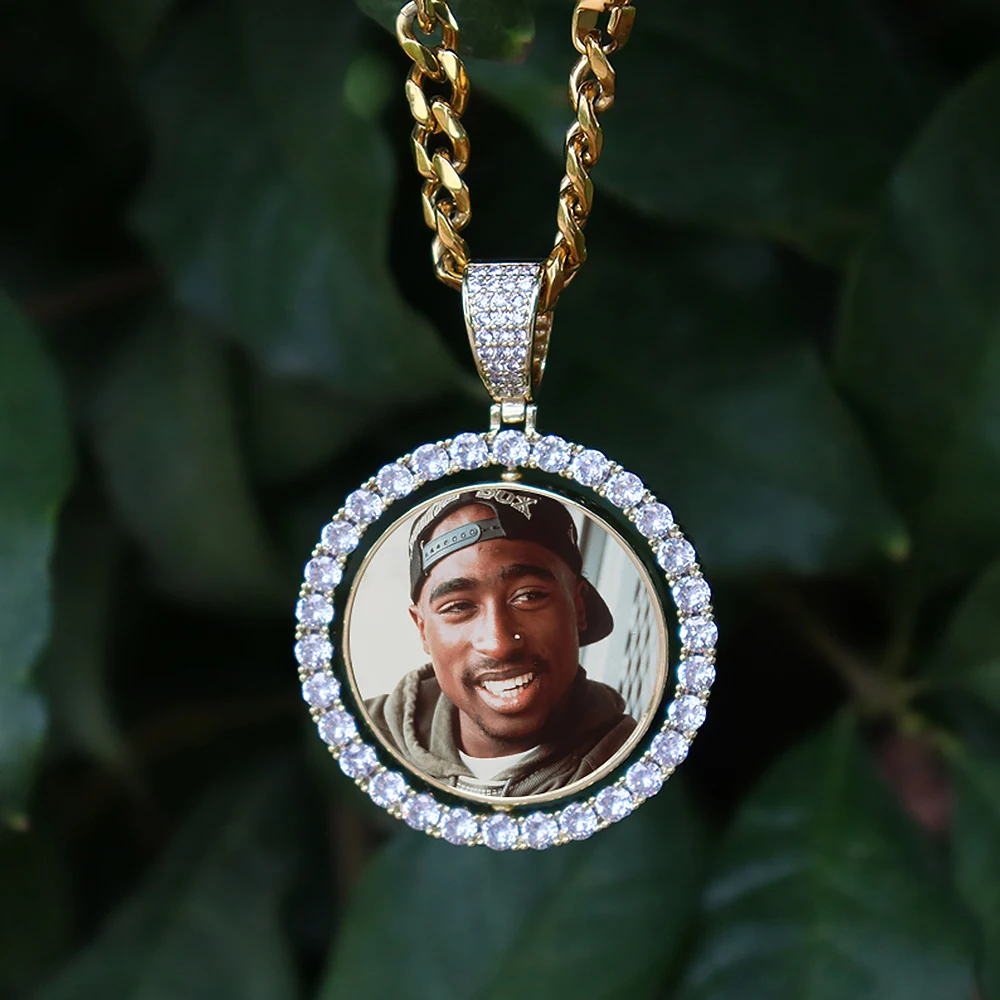 D&Z Custom Made Photo Rotating Round Shape Double-Sided Pendant Necklace 4mm Tennis Chain Zircon Men's Hip Hop Jewelry