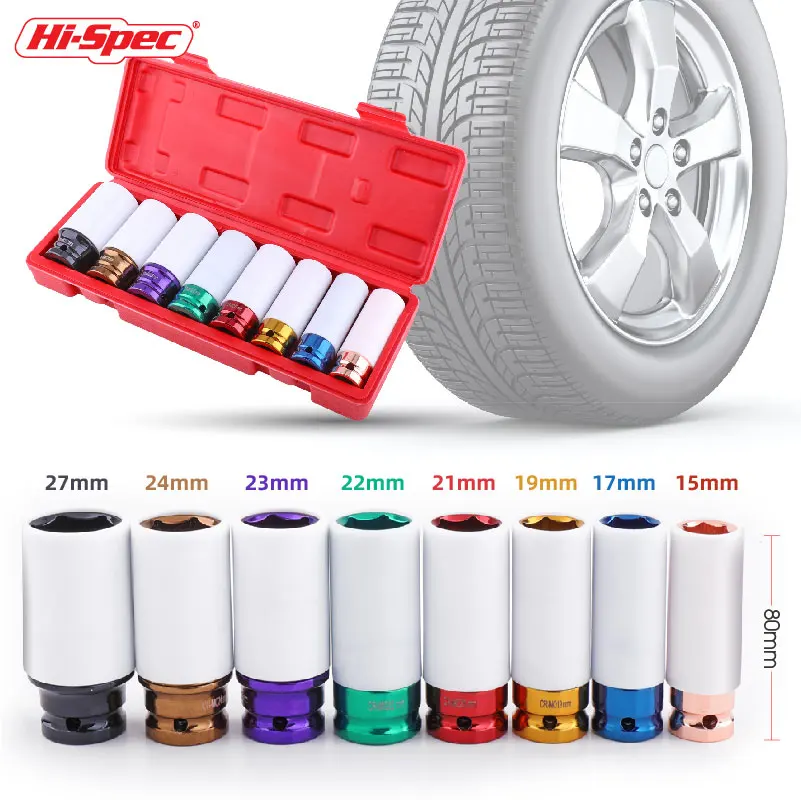 Hi-Spec Colorful Tire Protection Sleeve Wheel Wall Deep Impact Nut Sockets Auto Repair Hardware Tool Deep Impact Nut Sockets