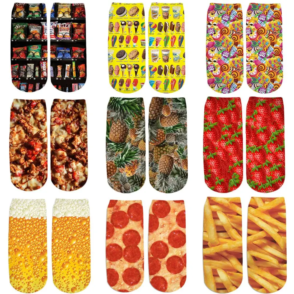 2019 New food pizza / fries / hamburger 3D Printed Cute cotton short ankle socks for women ladies harajuku korean socks