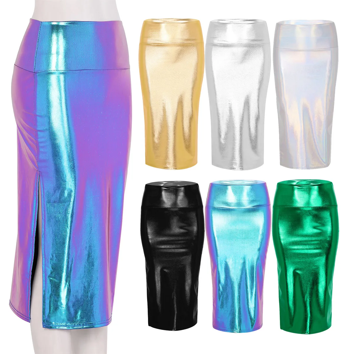 ChicTry Women Holographic Shiny Metallic Night Club Party Festival Rave Costume High Waist Side Split Bodycon Midi Pencil Skirt