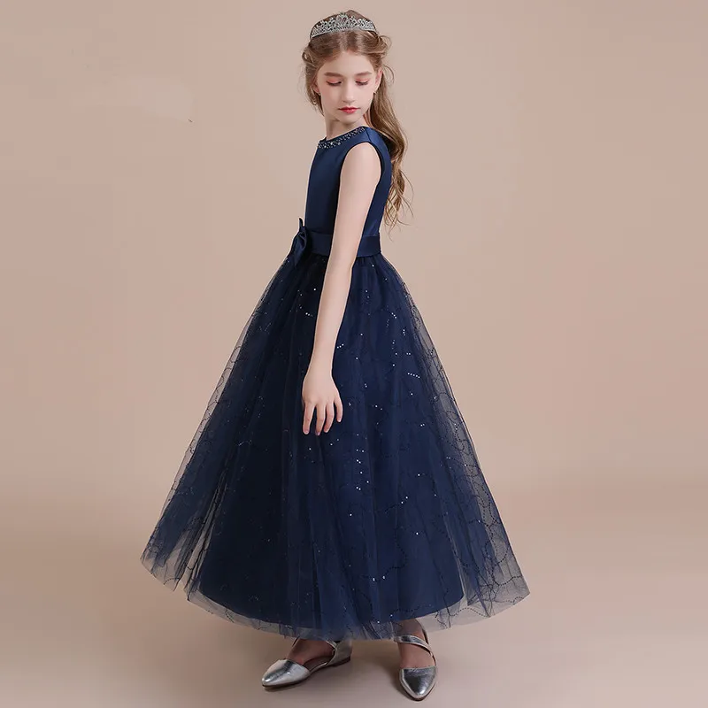 Dideyttawl-vestidos de fiesta formales largos de tul satinado azul marino personalizados para niña, vestidos de flores para niña, concierto juvenil de cumpleaños para niños