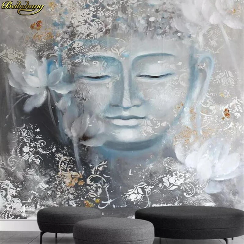 beibehang Custom 3d wallpaper mural hand-painted wallpaper nostalgic Buddha statue lotus entrance background wall decoration