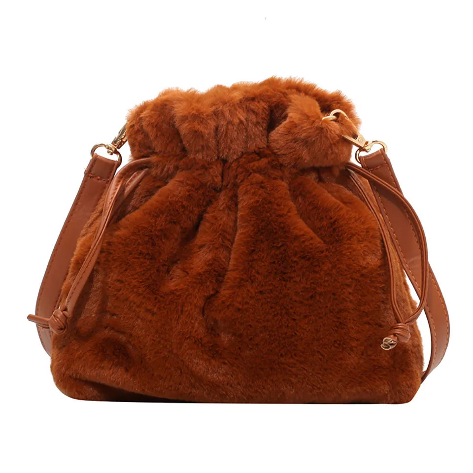 Winter Soft Plush Bucket Shoulder Bag Fashion Autumn Warm Drawing String Crossbody Bags For Women Handbags Female Purse Bolso