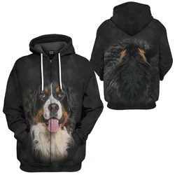 HX Animals Zip Hoodies 3D Graphic Swiss Bernese Mountain Dog Front and Back Printed Sweatshirts Fashion Harajuku Streetwear