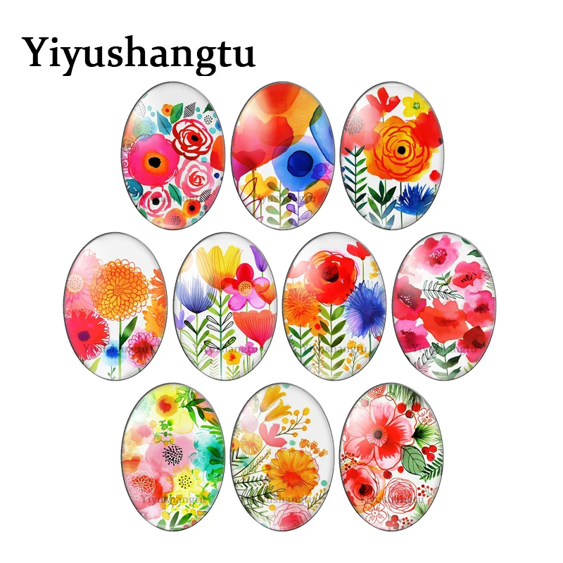 

Fashion Colourful flowers painting 13x18mm/18x25mm/30x40mm Oval photo glass cabochon demo flat back Making findings