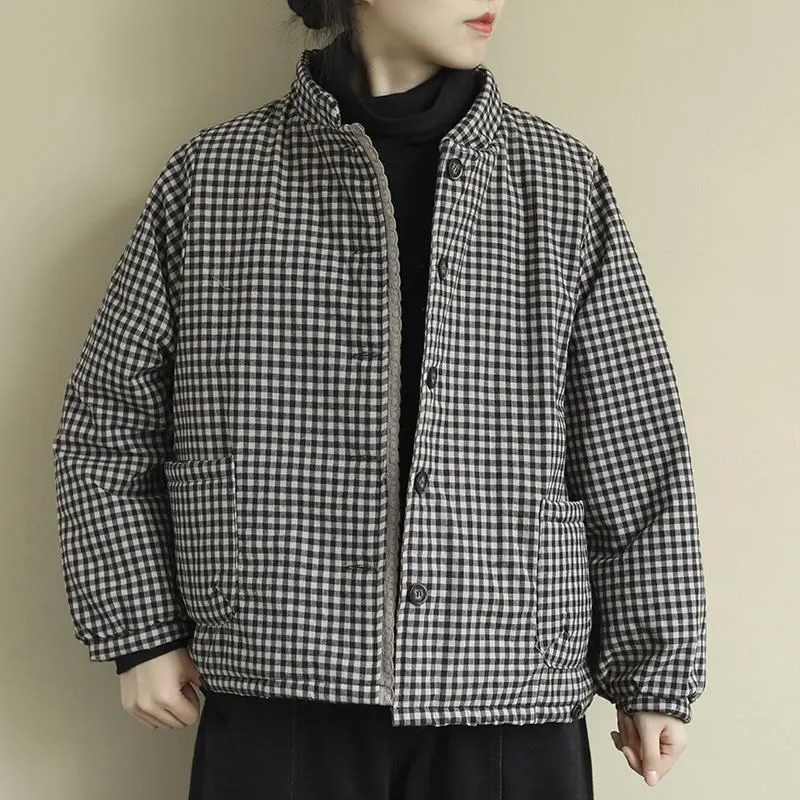 2023 Parkas Cotton Coat Female Winter Jackets  Retro Cotton Linen Quilted Warm Jacket Spring Autumn Plaid Short Overcoat