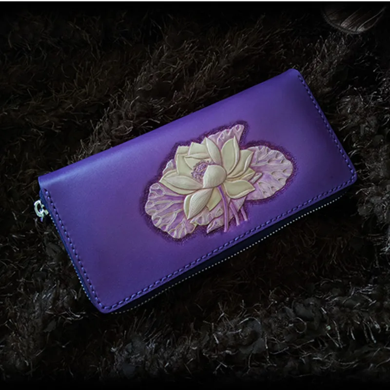 Handmade Carving Lotus Women Purple Wallets Card Holder Purses Men Long Clutch Vegetable Tanned Leather