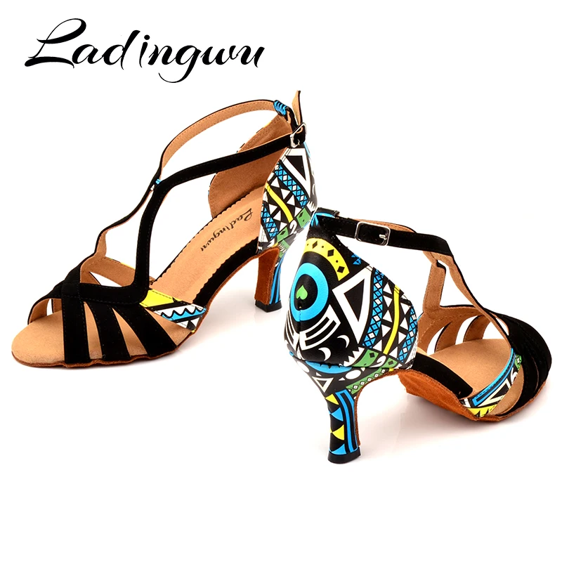 Ladingwu Hot Women Dance Shoes Latin Ballroom Dance Shoes Ladys girls Salsa Dance Shoes Suede And Featured printed leather Heel