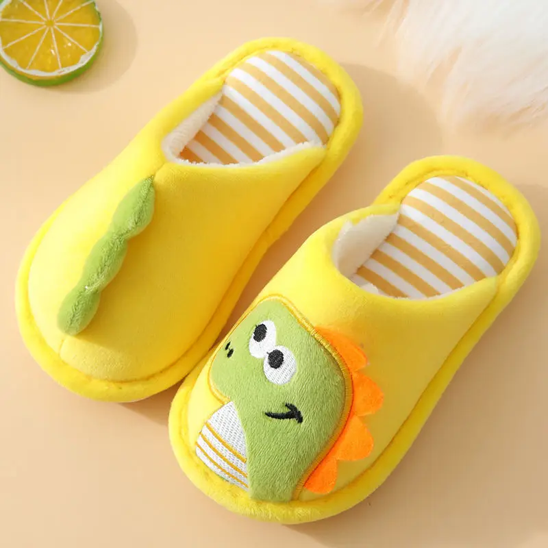 Children Winter Slippers Plush Warm Cotton Cartoon Dinosaur Kids House Slippers Soft Anti-slippery Floor Shoes for Boys Girls