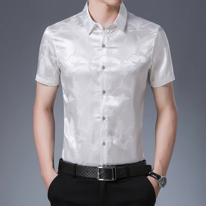 Summer 2021 Men\'s Birds Silk Dress Shirt Casual Short Sleeve Floral Streetwear Male Soft Silk Shirts Clothes