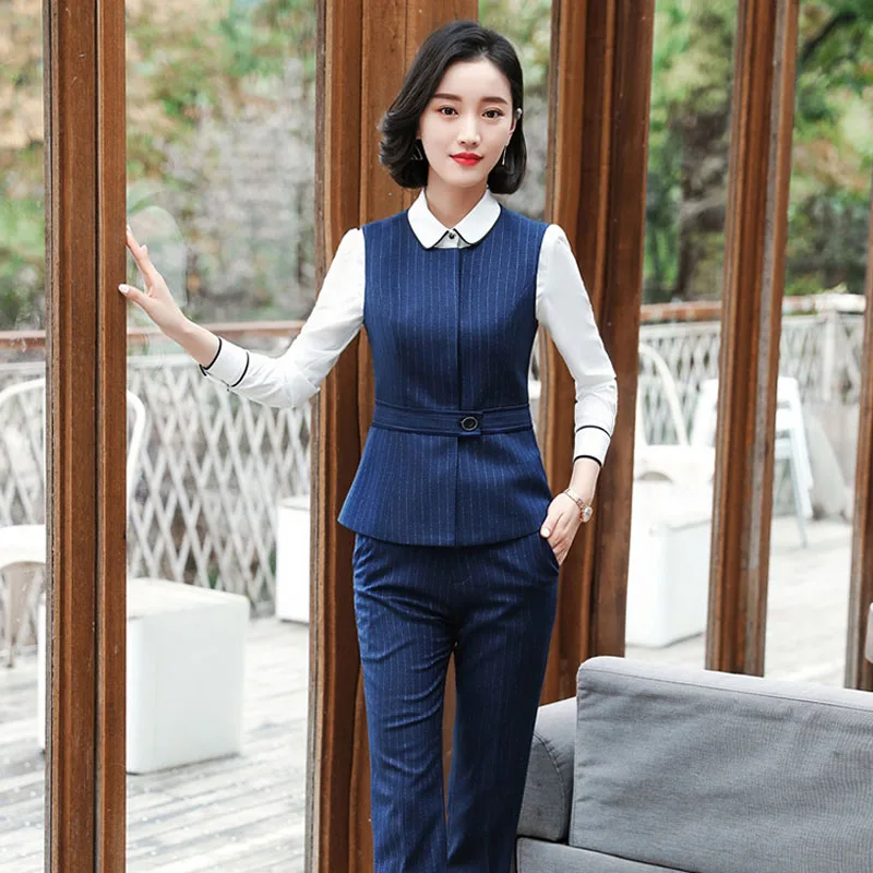 

IZICFLY Summer New Style Black Striped Vest Waistcoat And Pants Set For Woman Suits Office Uniform Business Formal Work Wear