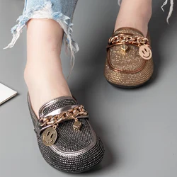 Summer Women Slippers Fashion Crystal Bling Shoes Plus Size Casual Flat Sandals Gold Chain Women Shoes Antislip