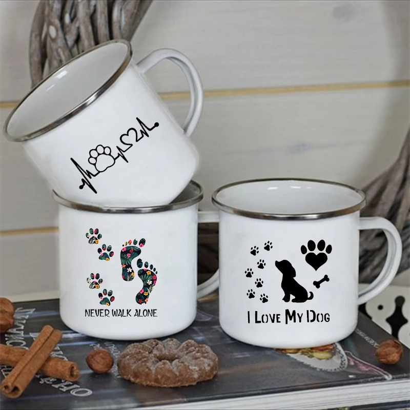 I Love My Dog Printed Enamel Cups Creative Coffee Tea Mug Drinks Dessert Breakfast Milk Cup Cut Mugs Handle Drinkware Best Gifts