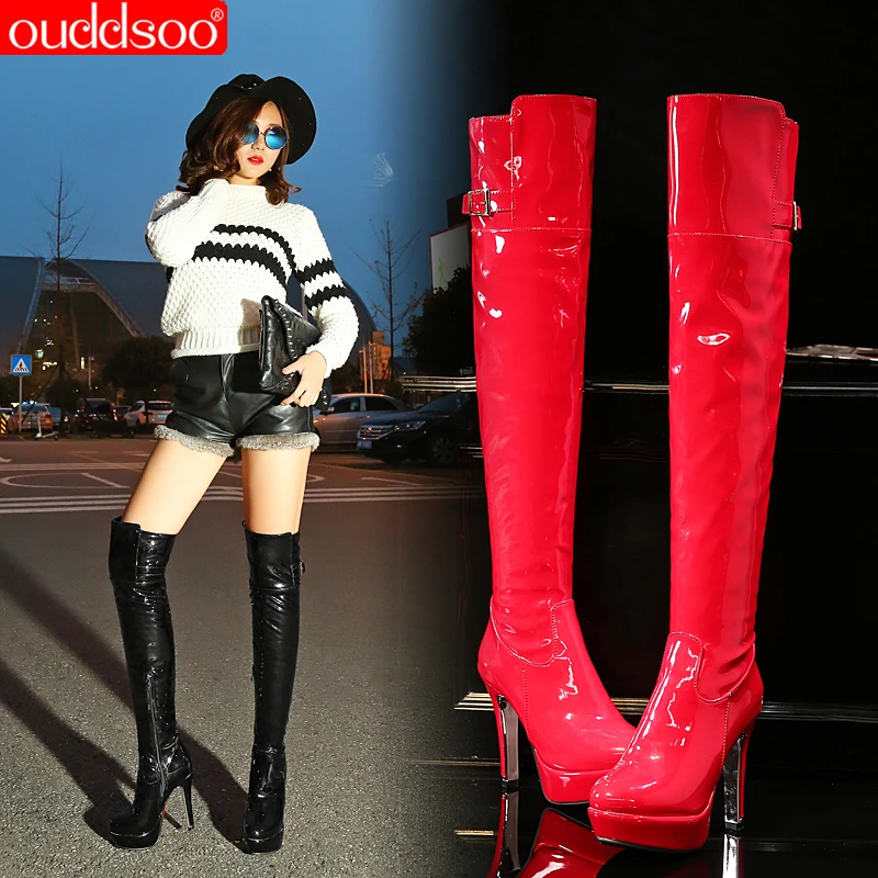 

ODS Black Red High Heels Long Boots Women Sexy Over The Knee Boot Female Patent Leather Shoes Pointed Toe Lady Large Size 46