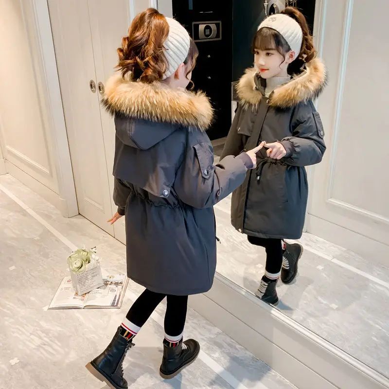 Kids Parkas Girls Cotton Clothes Thicken Winter Jacket 2021 The New Children's Hooded Coat Mid-Long Warm Outerwear 4 6 10 12 14Y