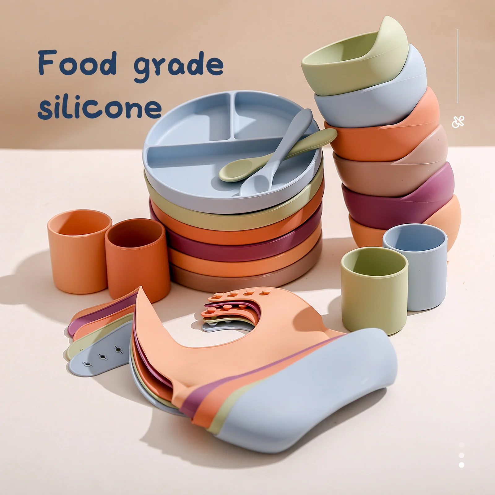 

5pcs/1set Baby Silicone Feeding Bowl Waterproof Bib Plate Cup Spoon Bpa Free For Boys Girl Non-slip Tableware Toddler Fork Sets