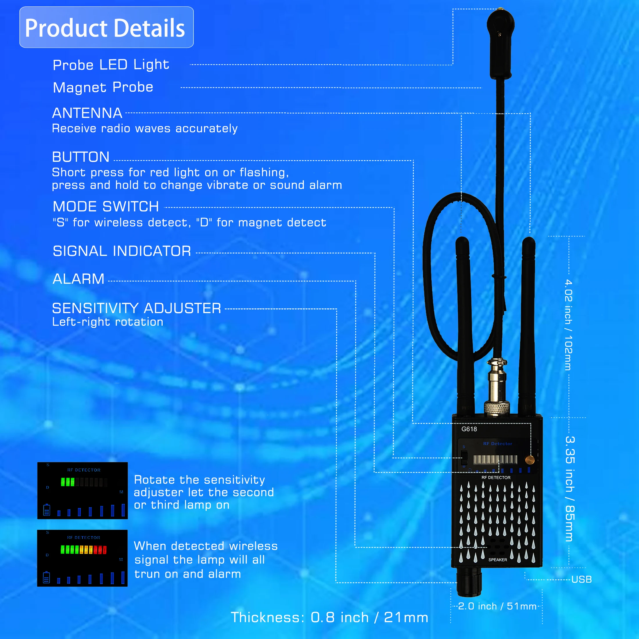 Detector de señal RF inalámbrico antiespía súper sensible, rastreador GSM GPS, buscador de lentes, cámara espía, escáner profesional