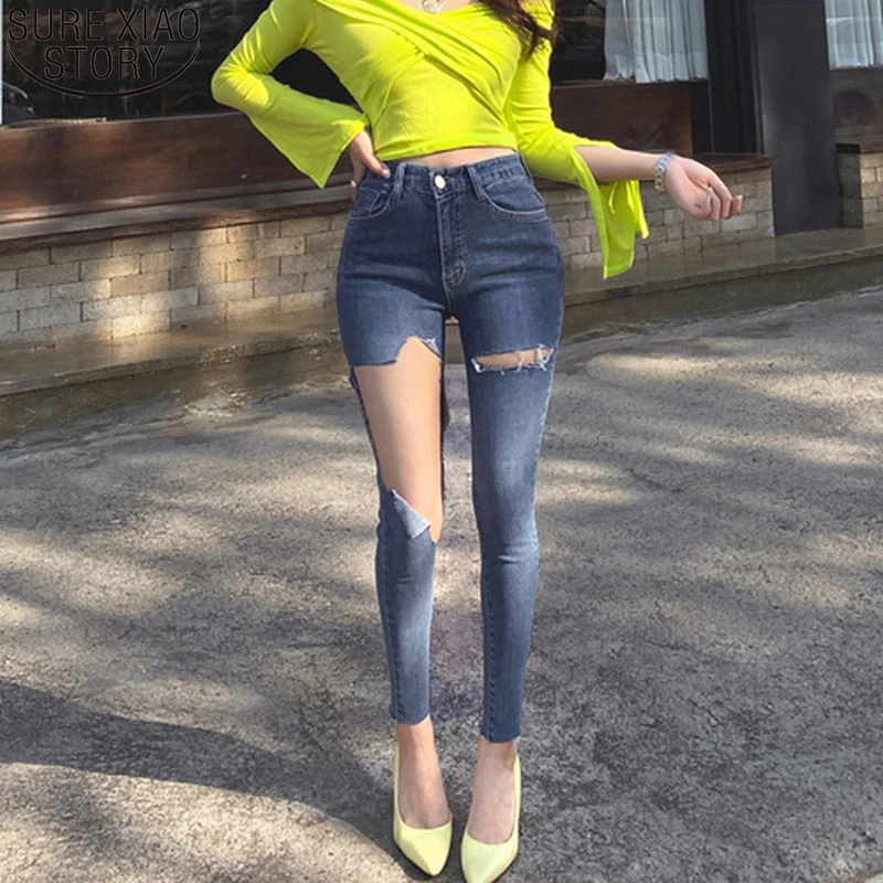 Denim Jeans Woman Jeggings Tassel High Waist Jeans Autumn Summer Skinny Elastic Capris Female Ripped Holes Pencil Trousers 10405