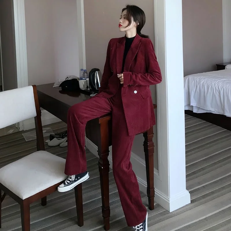 Womens Spring Wine Red Corduroy Blazer Set Fashion Office Lady Skirt Two Piece Set Double Breasted Suit Jacket Loose Pants Set