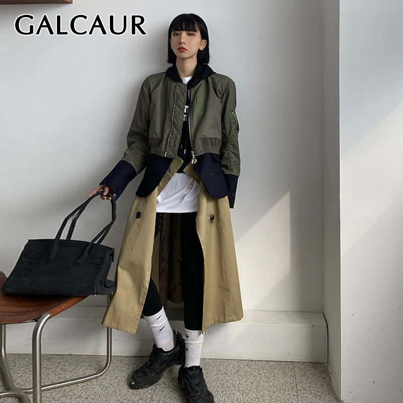 

GALCAUR Hit Color Windbreakers For Women High Waist Long Sleeve Streetwear Casual Loose Trench Female 2021 Autumn Clothing Tide