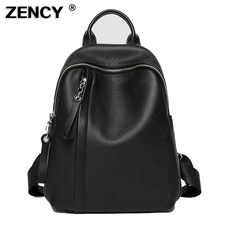 ZENCY-mochila de cuero de vaca auténtico para mujer, morral de cuero de vaca auténtico, herrajes de Metal plateado, Color blanco y negro, bolsa de
