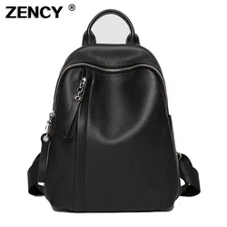 ZENCY-Mochilas Femininas de Couro Vaca Genuíno, Bolsa de Couro de Vaca, Cor Preto e Branco, Primeira Camada, Metal Prateado, Menina Jovem