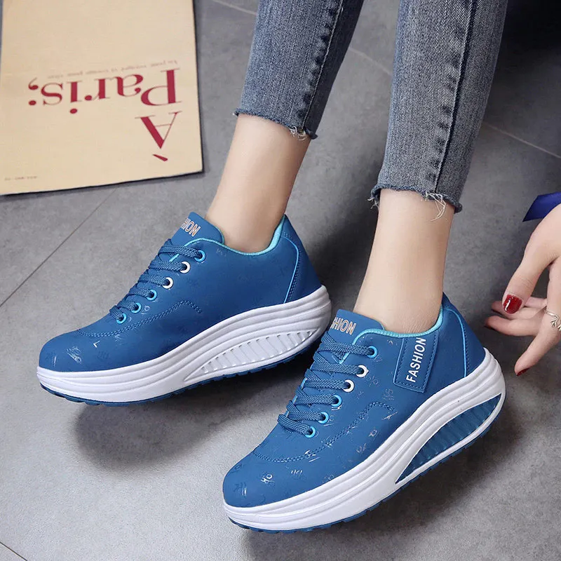 Sport Shoes Woman 2020 Fashion Solid Sneakers Women Running  Breathable PU Wedges Lace-up    Plus Size 42