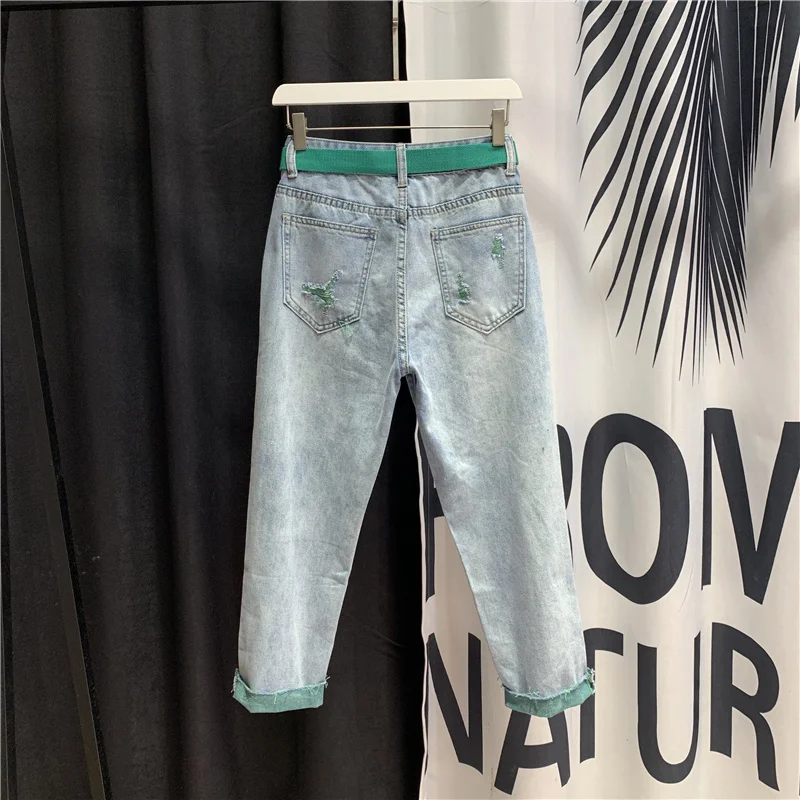 Summer Chic Jeans Women Ankle Length Denim Pants High Street Ripped Hole High Waist Loose Fit Hip Hop Harem Pants Green S-XL