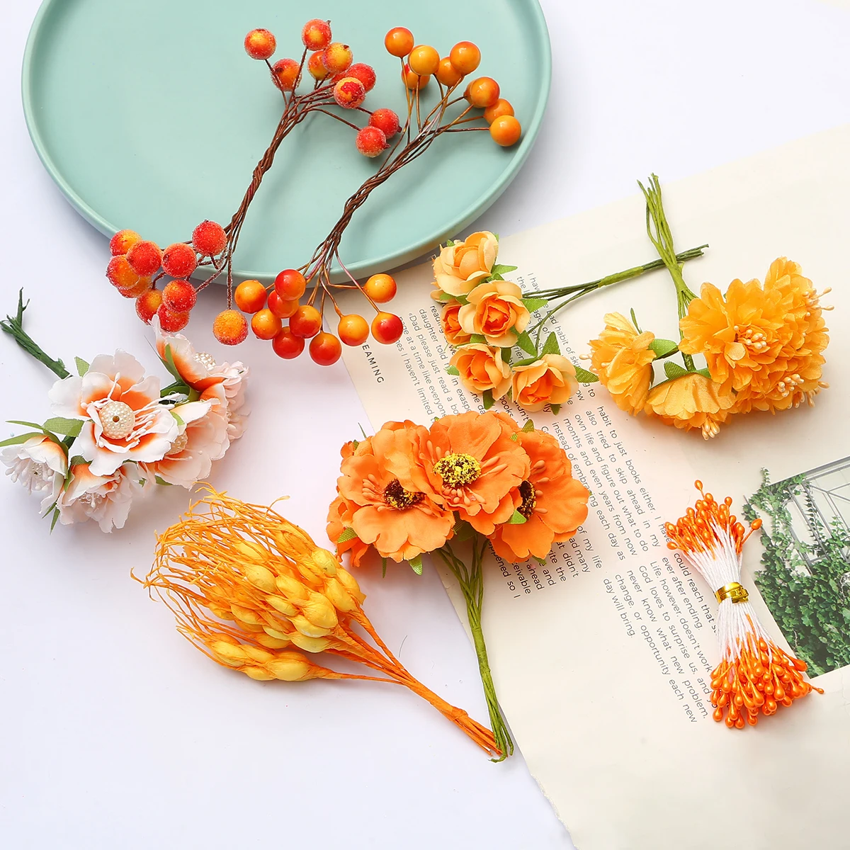 6/10/12/60/70/90/288pcs Orange Flower Cherry Stamen Berries Bundle DIY Christmas Wedding Cake Gift Box Wreaths Decor