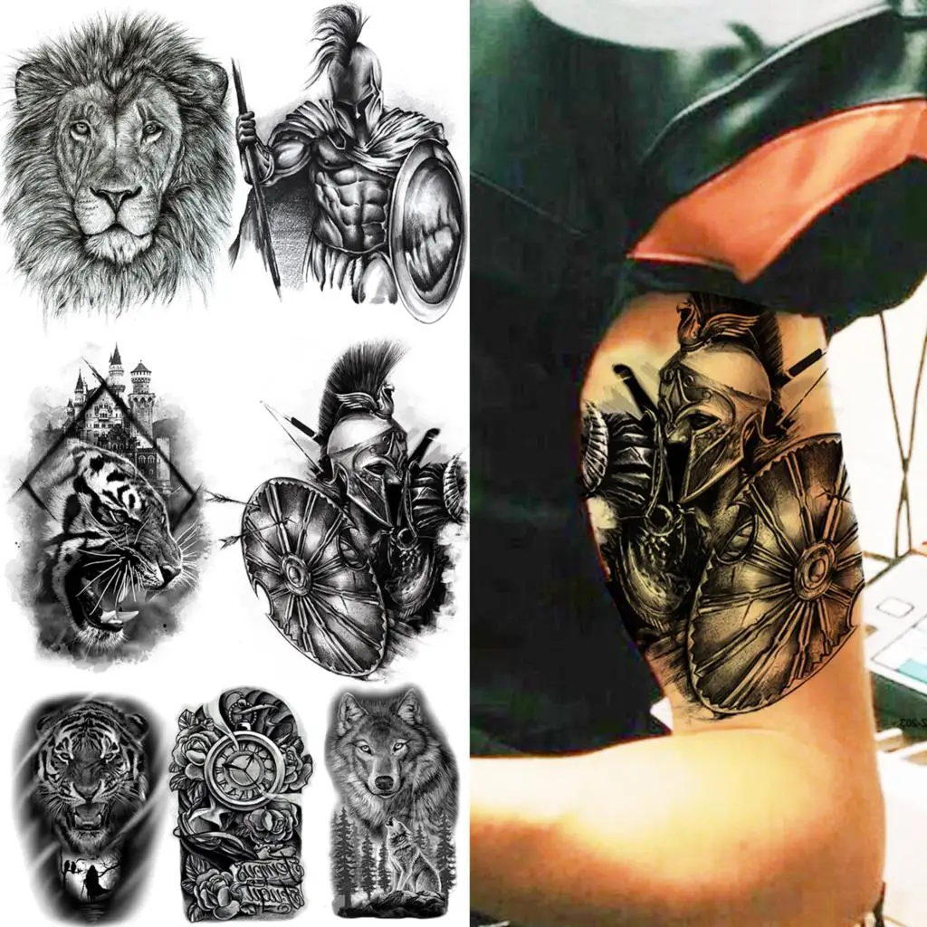 Spartan Warrior Temporary Tattoos For Men Boys Realistic Lion Wolf Tiger Compass Fake Tattoo Sticker Arm Chest Waterproof Tatoos