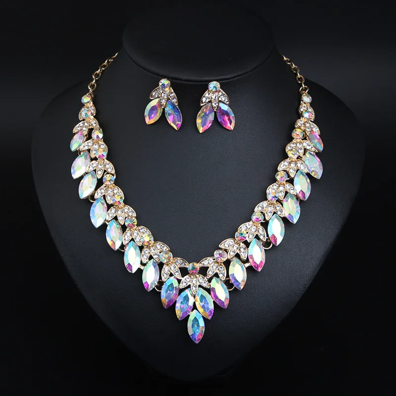 European and American Super Flash Temperament Crystal Gem Necklace Earrings Set Dress Wedding Bride Bridesmaid Accessories Set