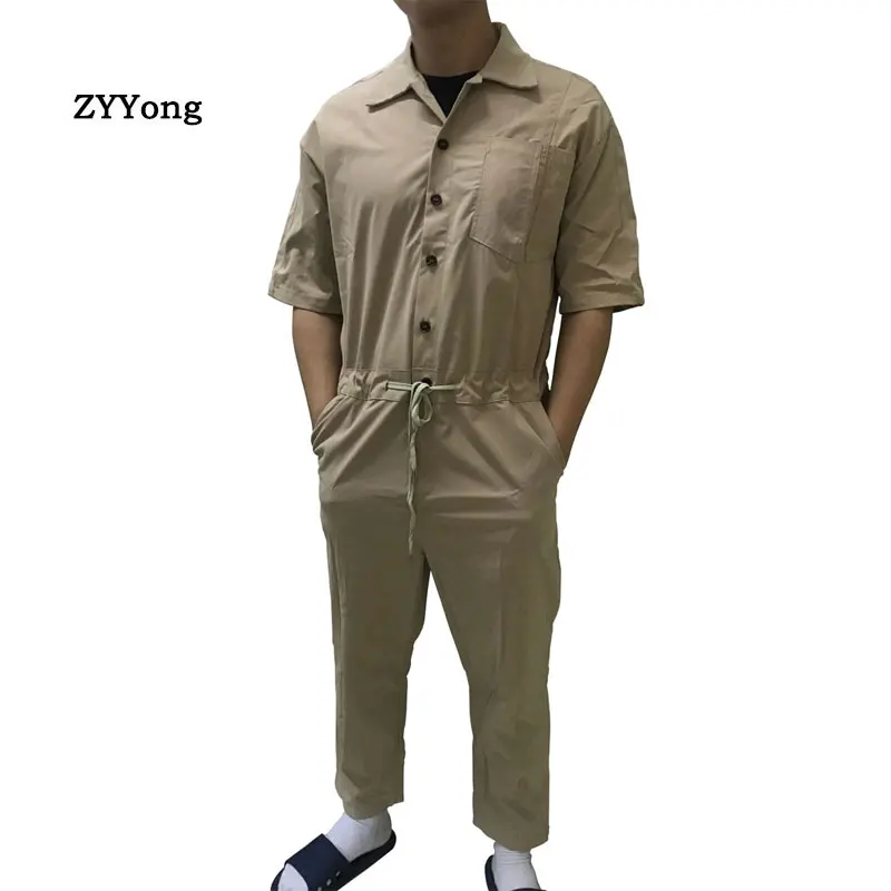 Summer Lapel Short Sleeve Men's Jumpsuit Loose Hip-Hop Style Streetwear  Overalls Trousers Casual Comfortable Khaki Black Pants