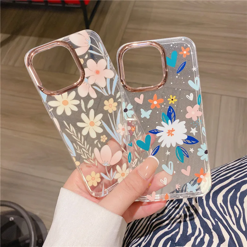 Fashion Transparent Plating Frame Flowers Leopard Case For iPhone 14 13 12 11 Pro Max Plus Glitter Soft Clear Shockproof Cover