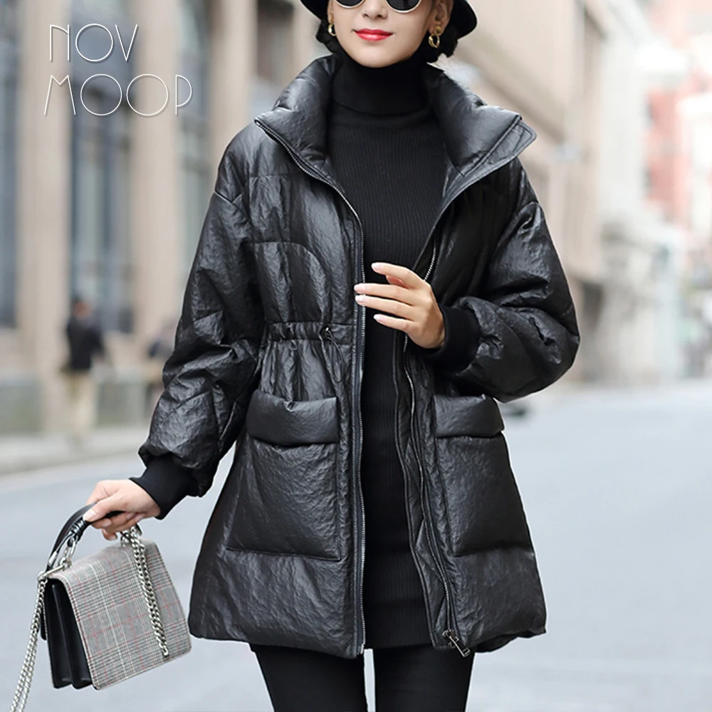 Novmoop genuine leather women down coat deep winter simple elegant style special surface Chaqueta de cuero para mujer LT3367