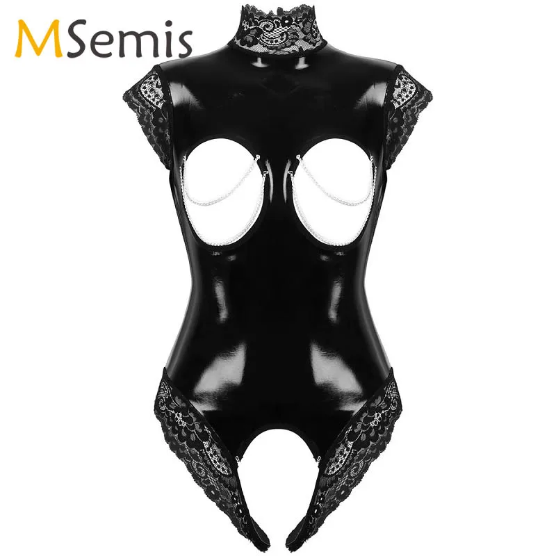 Womens Lingerie Crotchless Bodysuit Wet Look Patent Leather High Neck Sleeveless Open Breast Lace Trimmed Sexy Leotard Bodysuit