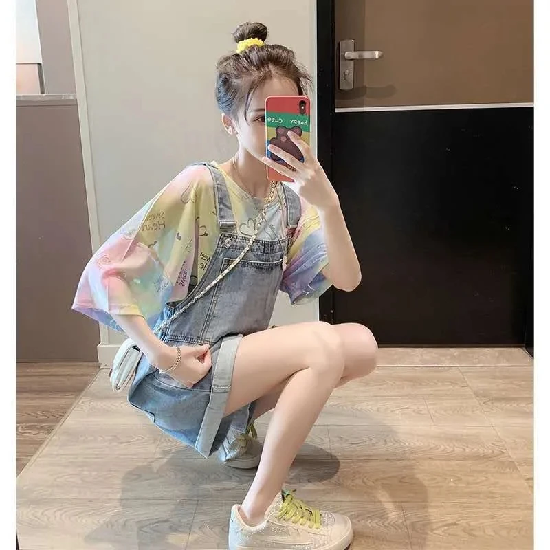 Plus Size Women's Denim Bib Shorts Loose Tie-dye T-shirt Two-piece Suit Korean Casual Campus Style Ladies Tracksuit Shorts Set