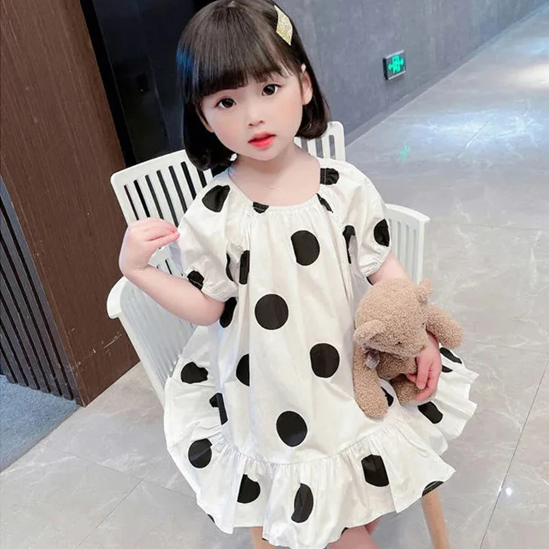 Gaun Motif Polkadot Bayi Perempuan Imut untuk Anak Perempuan Balita Gaun Busur Lengan Puff Pendek Musim Panas Baju Pesta Anak-anak