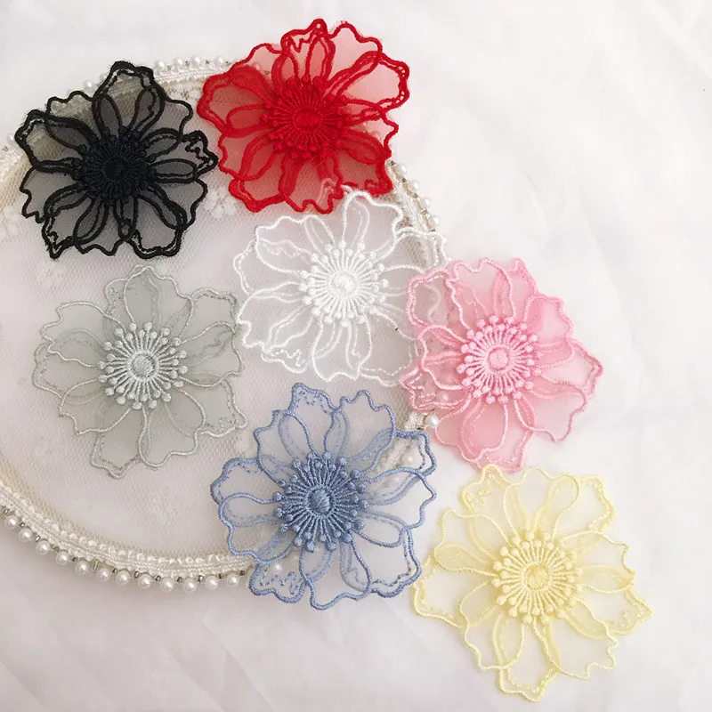 10 Pcs 3D Organza ดอกไม้แพทช์ที่มีสีสัน Appliques สำหรับวางผ้าเย็บลูกไม้ Patch สำหรับเสื้อผ้าชุดตุ๊กตา DIY