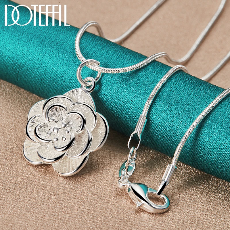 DOTEFFIL 925 Sterling Silver 18/20/24/26/30 Inch Snake Chain Rose Flower Pendant Necklace For Women Wedding Engagement Jewelry