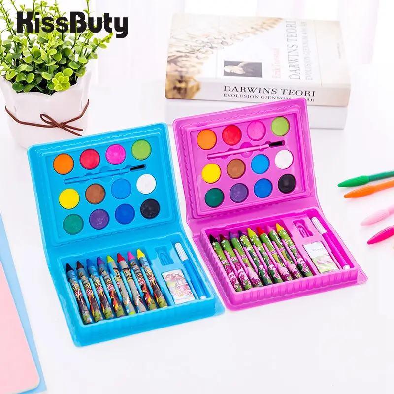 24pcs / Set Drawing Stationery Children's Set Watercolor Pen Crayon  Eraser Brush pen Solid pigment School Student Stationery