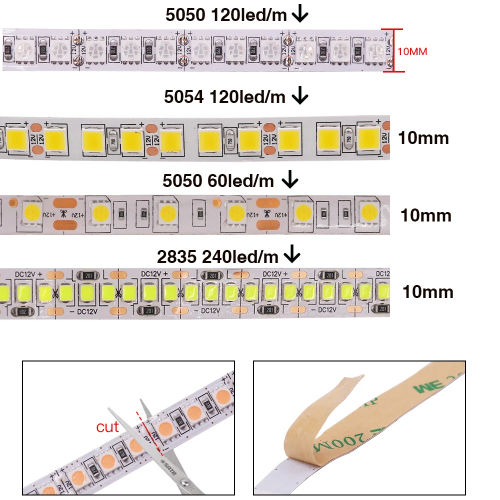 DC12V LED Strip 5050 5054 2835 120 240LEDs/M High Bright White Red Blue Pink Yellow RGB Flexible Ribbon Tape Light Lamp 5m