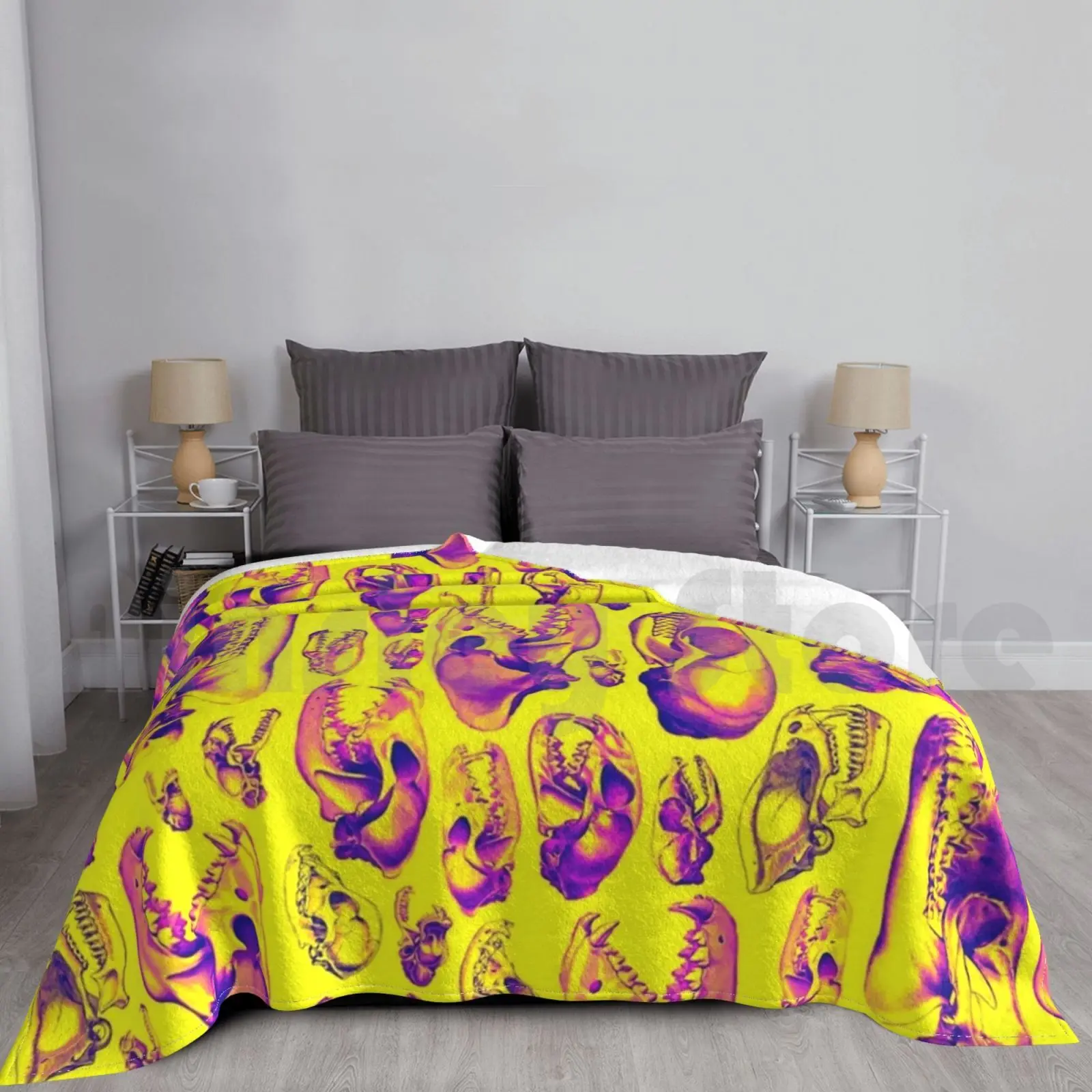 Carnivore Hot Pink & Yellow Blanket Fashion Custom Carnivore Skull Animal Skeleton Meat Eater Cat Lion