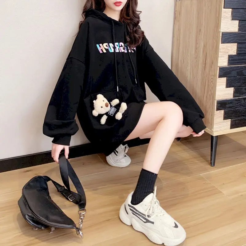 Autumn Winter Oversized Womens Hoodies Loose Sliming Pockets Bear Fashion Pullover Casual Hooded Jacket All-match Hoodie Women