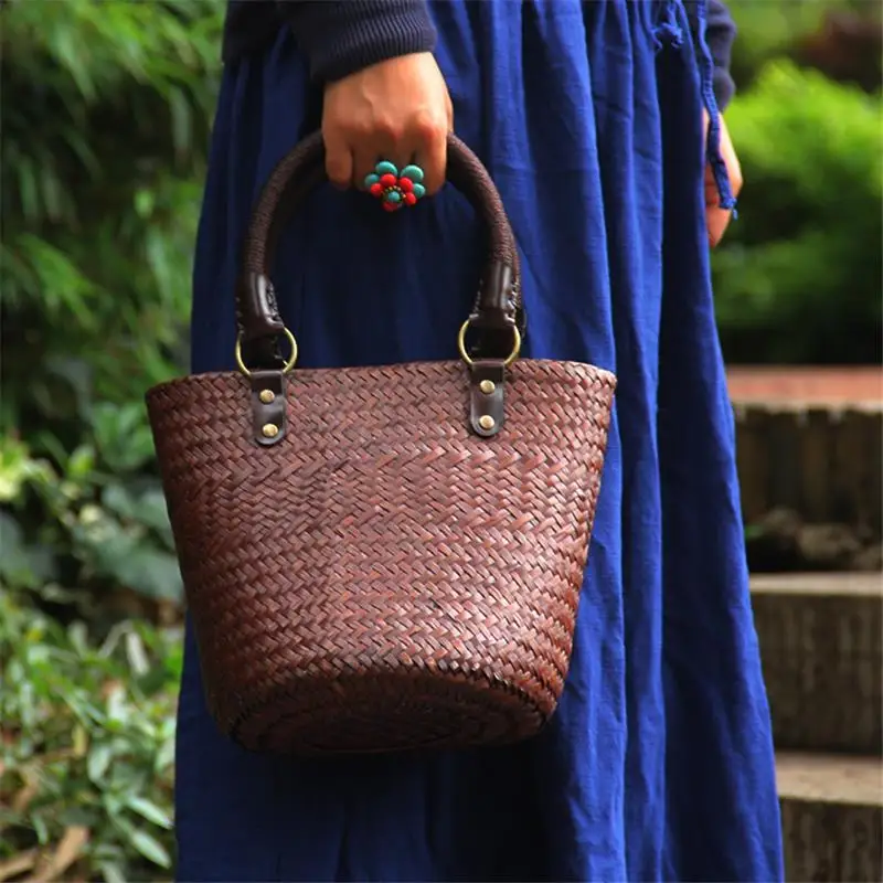 18x22CM Original Retro Handmade Old Straw Retro Rattan Bag Handbag Woven Bag Women Shoulder Bag a6115