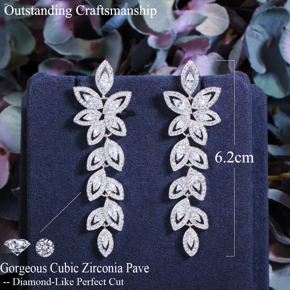 CWWZircons Polen Marquise CZ Cluster Hängeohrringe mit Blumen- und Blättermotiv für Damen, Hochzeit, Bankett, Schmuck Großhandel E0617 – Detail 1