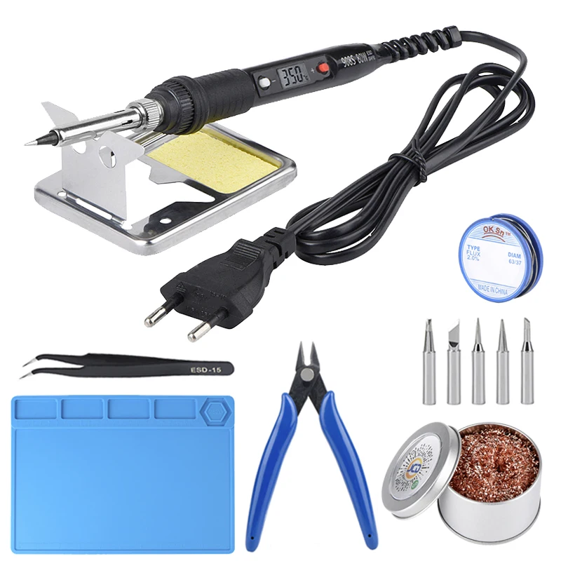 

JCD Electric Soldering Iron Kit Adjustable Temperature LCD Solder Iron Tips Tweezers 80W ESD Insulation Working Mat Repair Tools