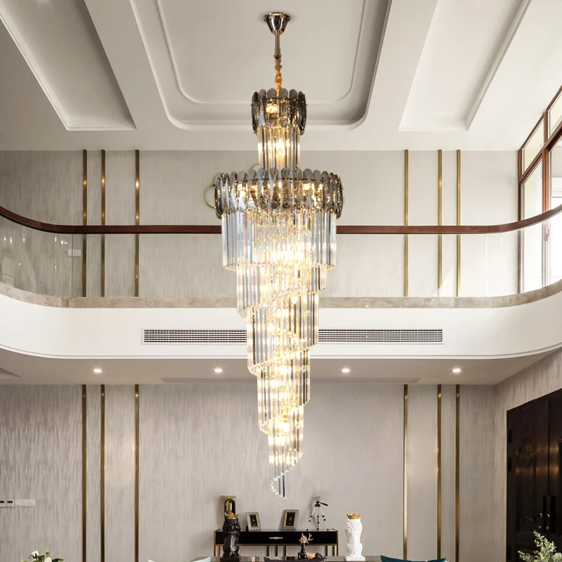 

Duplex Building Large Crystal Chandelier Lighting Villa Staircase Long Chandelier Modern Hotel Dining Room Crystal Hanging Lamps